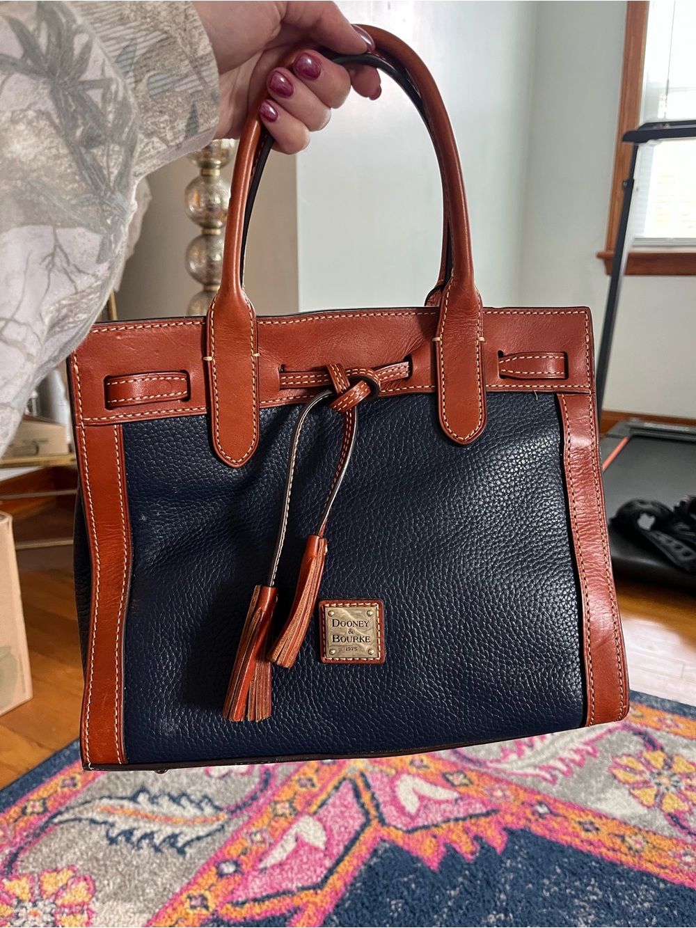 Dooney & Bourke Navy and Brown Leather Tassel Satchel